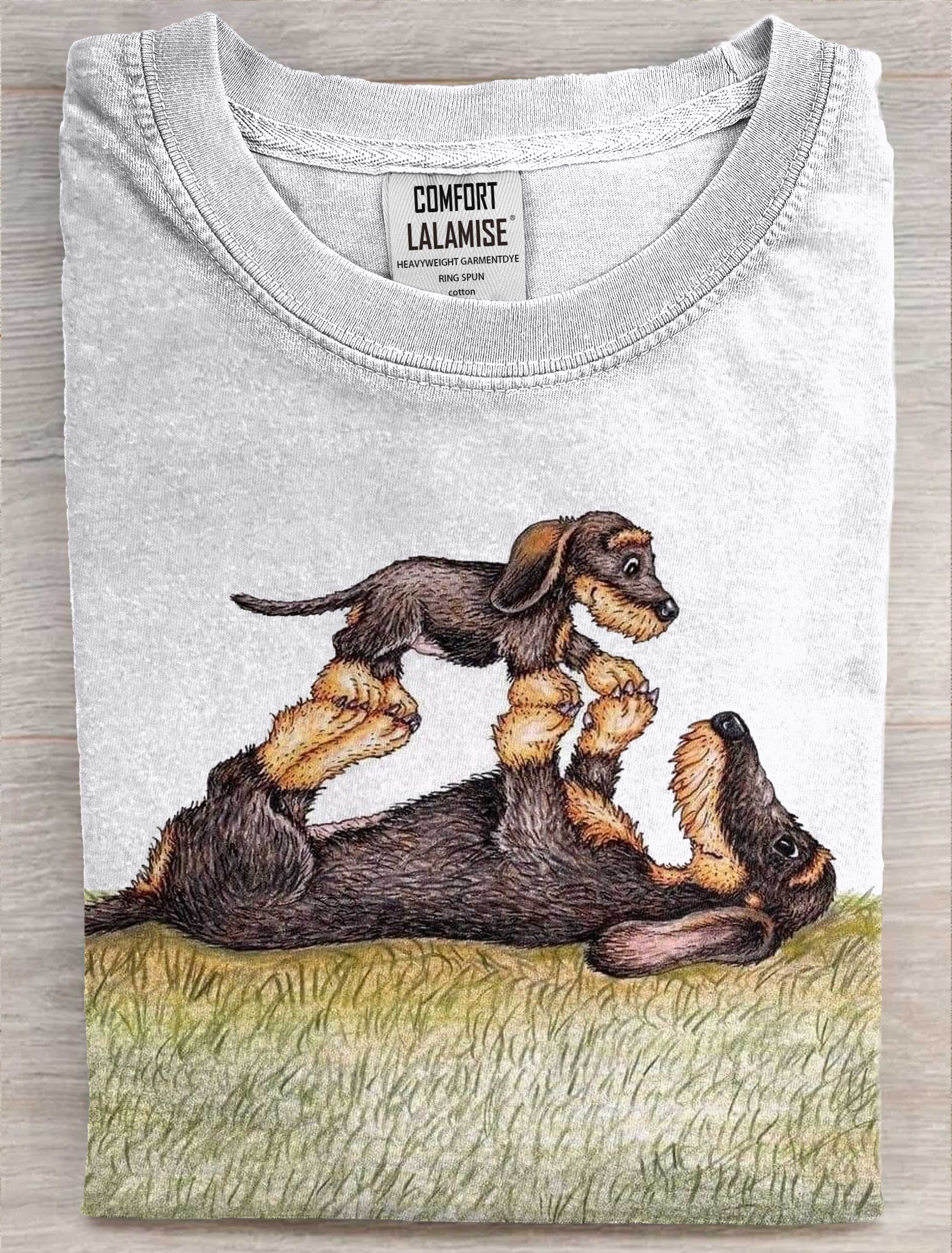 Mom With Kid Dachshund Dog Lover Art Print Casual Short Sleeve T-shirt