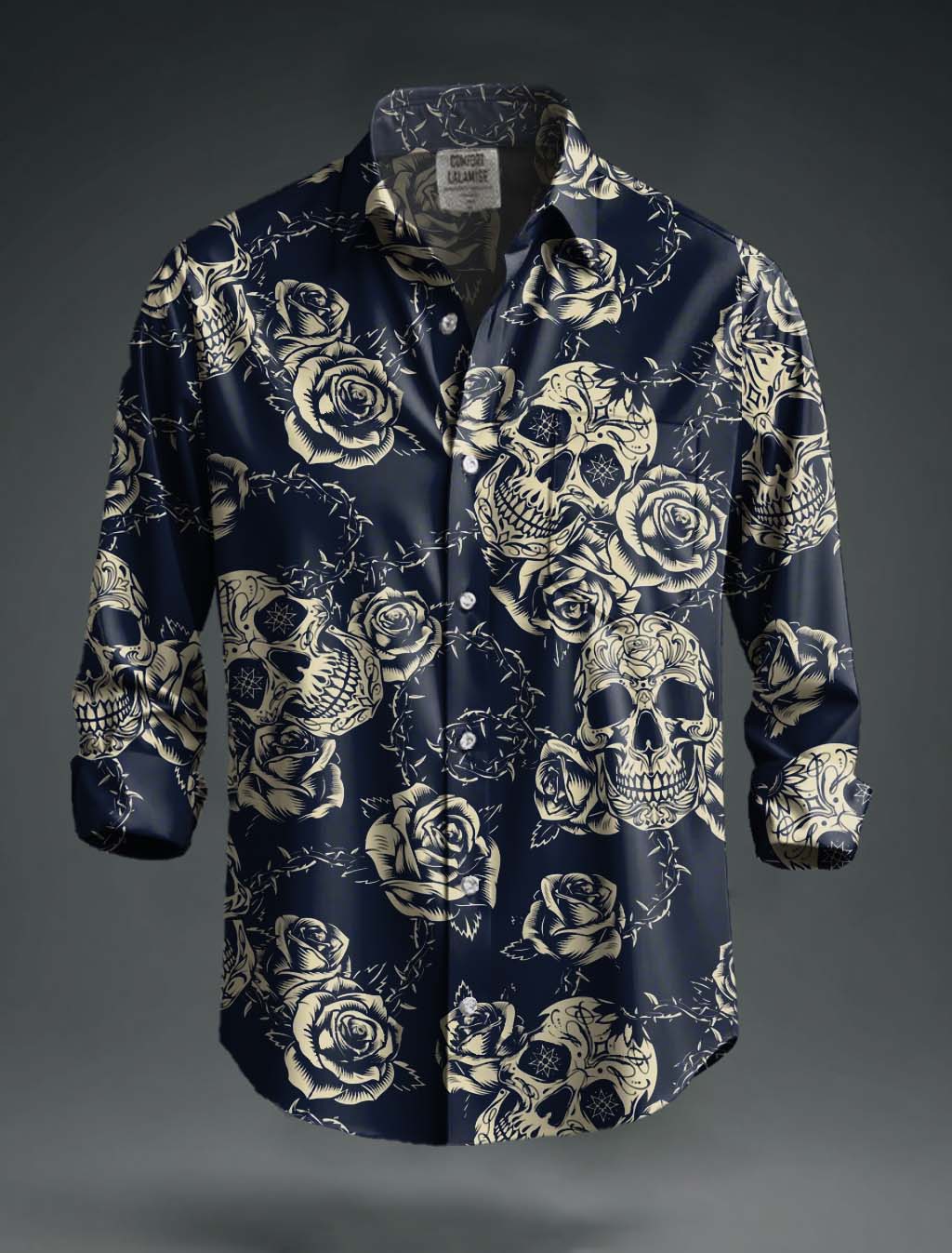 Vintage Rose Skull Print 100% Cotton Long Sleeve Shirt