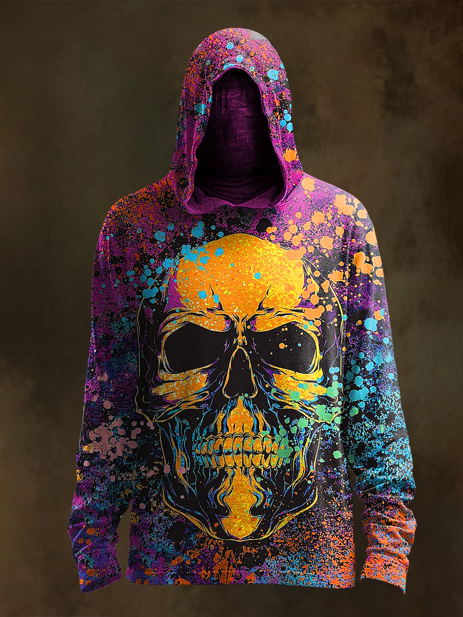 Unisex Colored Spray Painting Skull Print Casual Hooded Sweatshirt