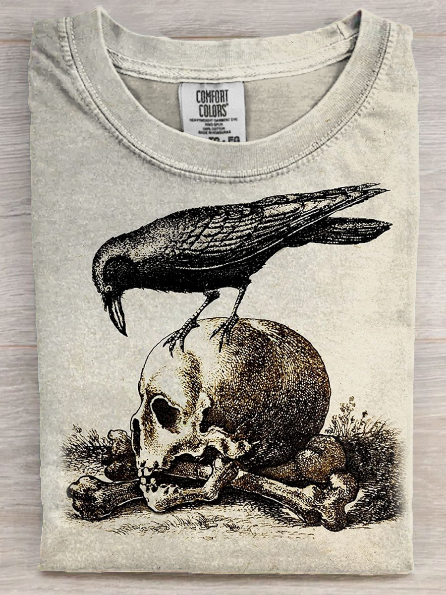 Raven Skull Art Print Casaul Short Sleeve T-shirt