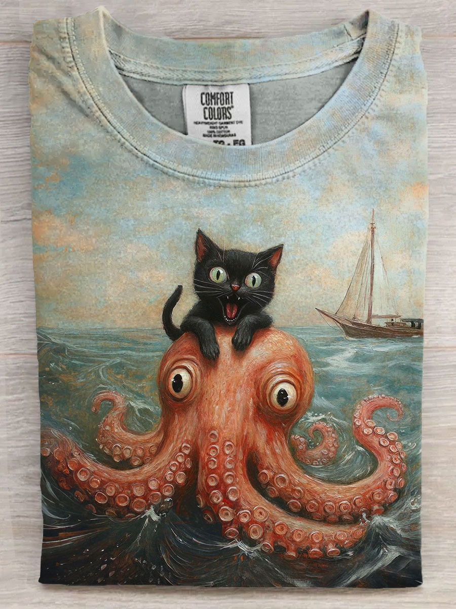 Fun Black Cat Vs. Octopus In Renaissance Painting Art Print Causal Short Sleeve T-shirt