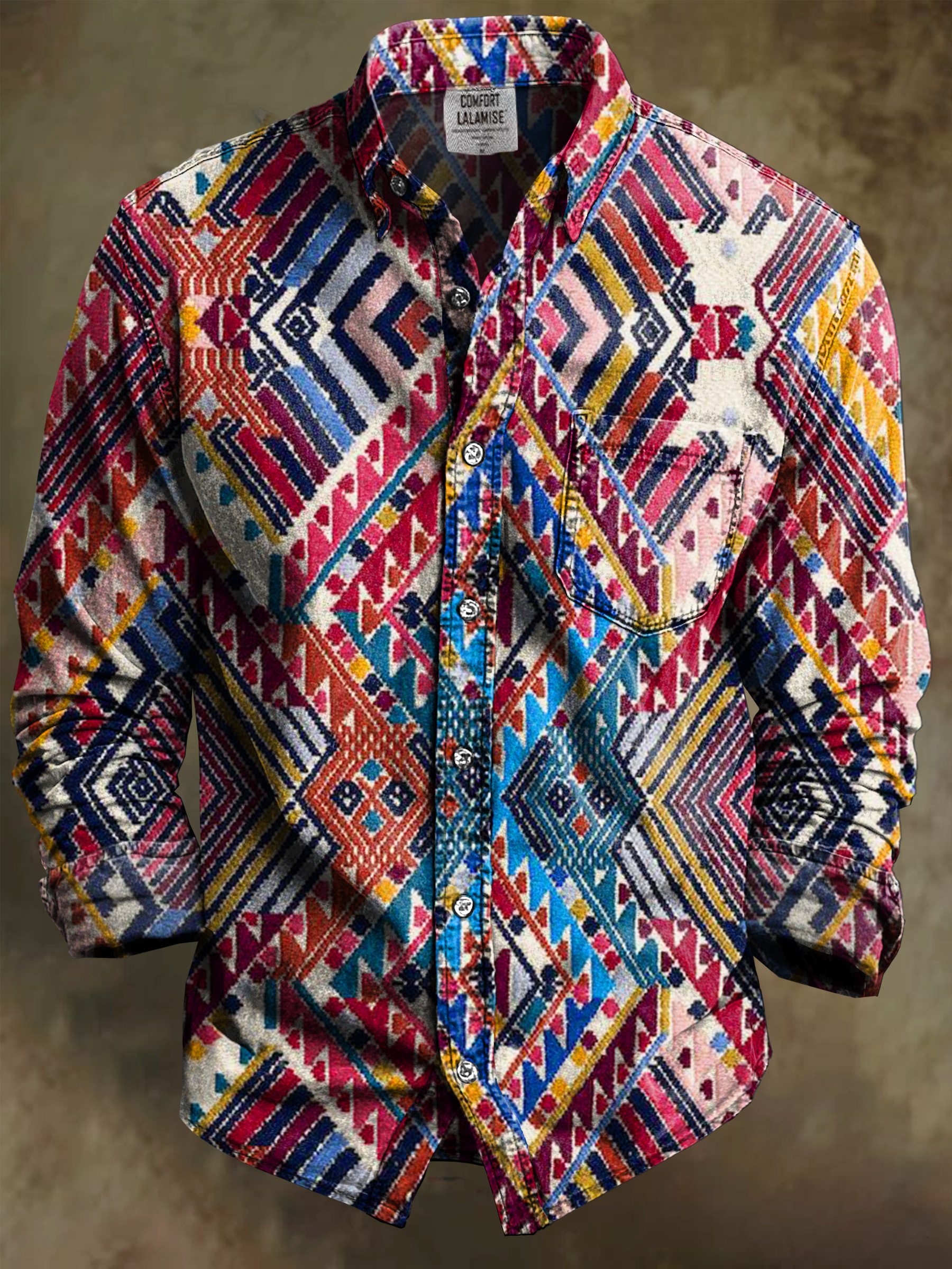 Vintage Abstract Nostalgia Ethnic Art Print 100% Cotton Long Sleeve Shirt