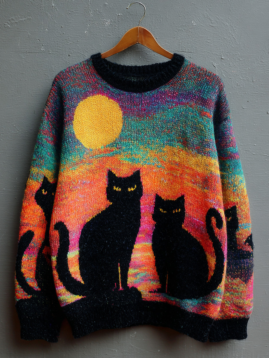 Halloween Retro Multicolor Black Cat Print Knit Pullover Sweater