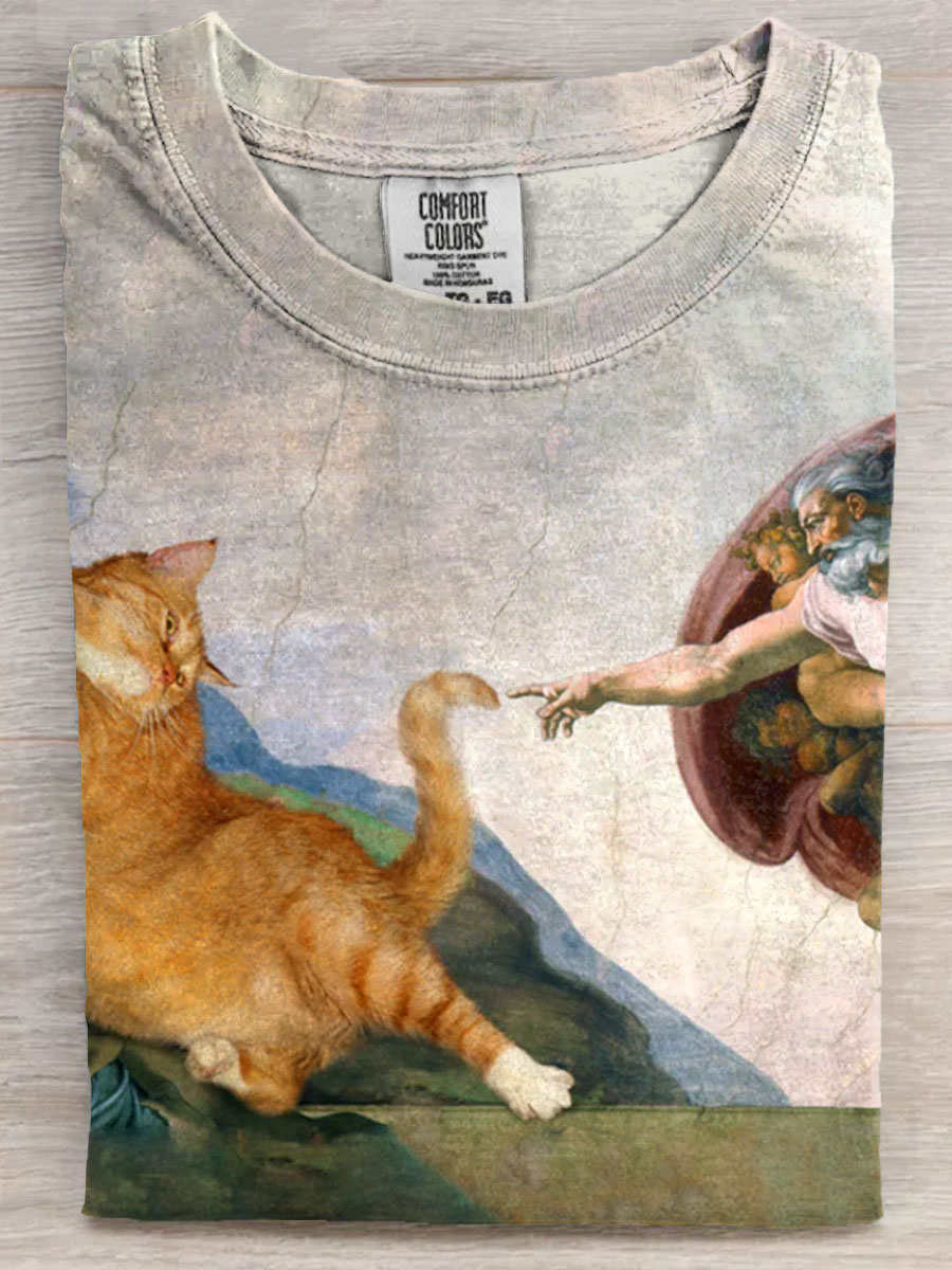 Vintage Funny Cat Art Print Casaul Short Sleeve T-shirt