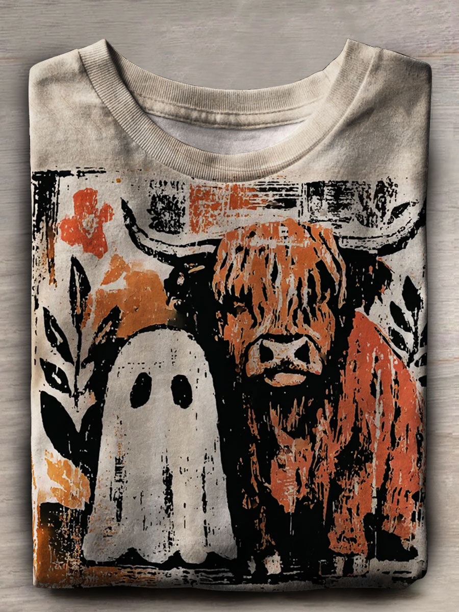 Highland Cow Ghost Print Casual T-shirt