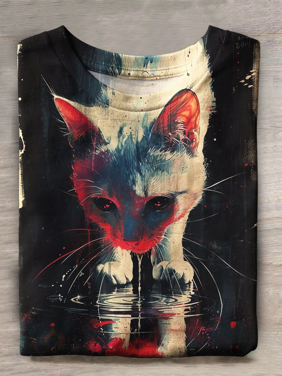 Vintage Cat Print Casual Top