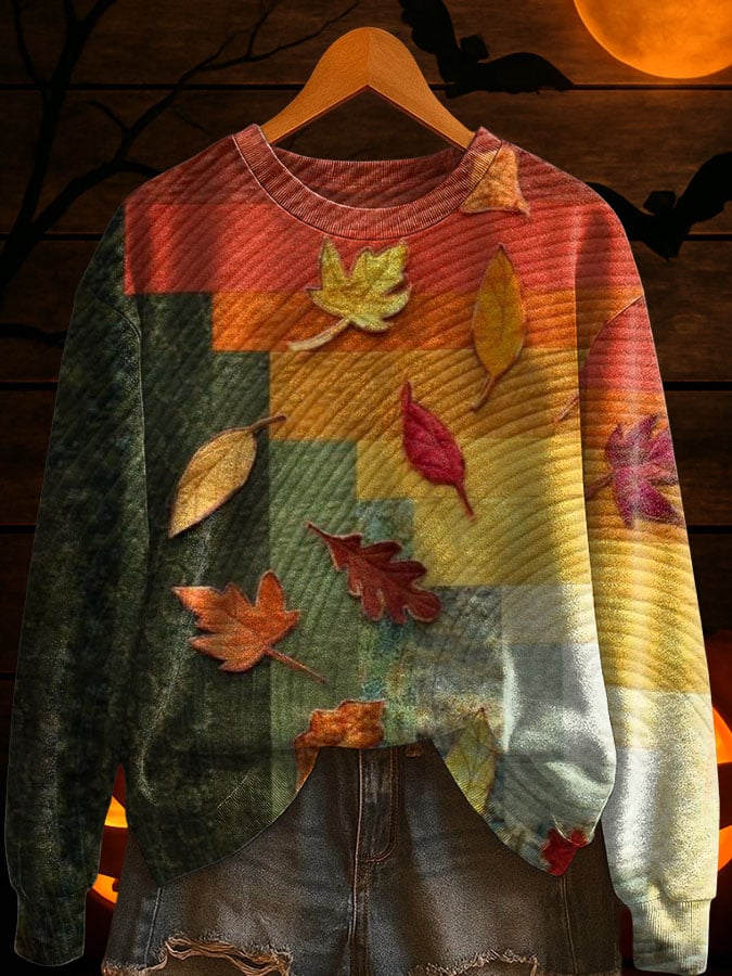 Women's Autumn Leaves Print Casual Round Neck Sweatshirt