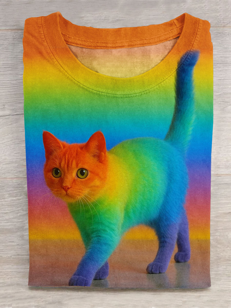 Rainbow Gradient Funny Cat Art Print Casual Short Sleeve T-Shirt
