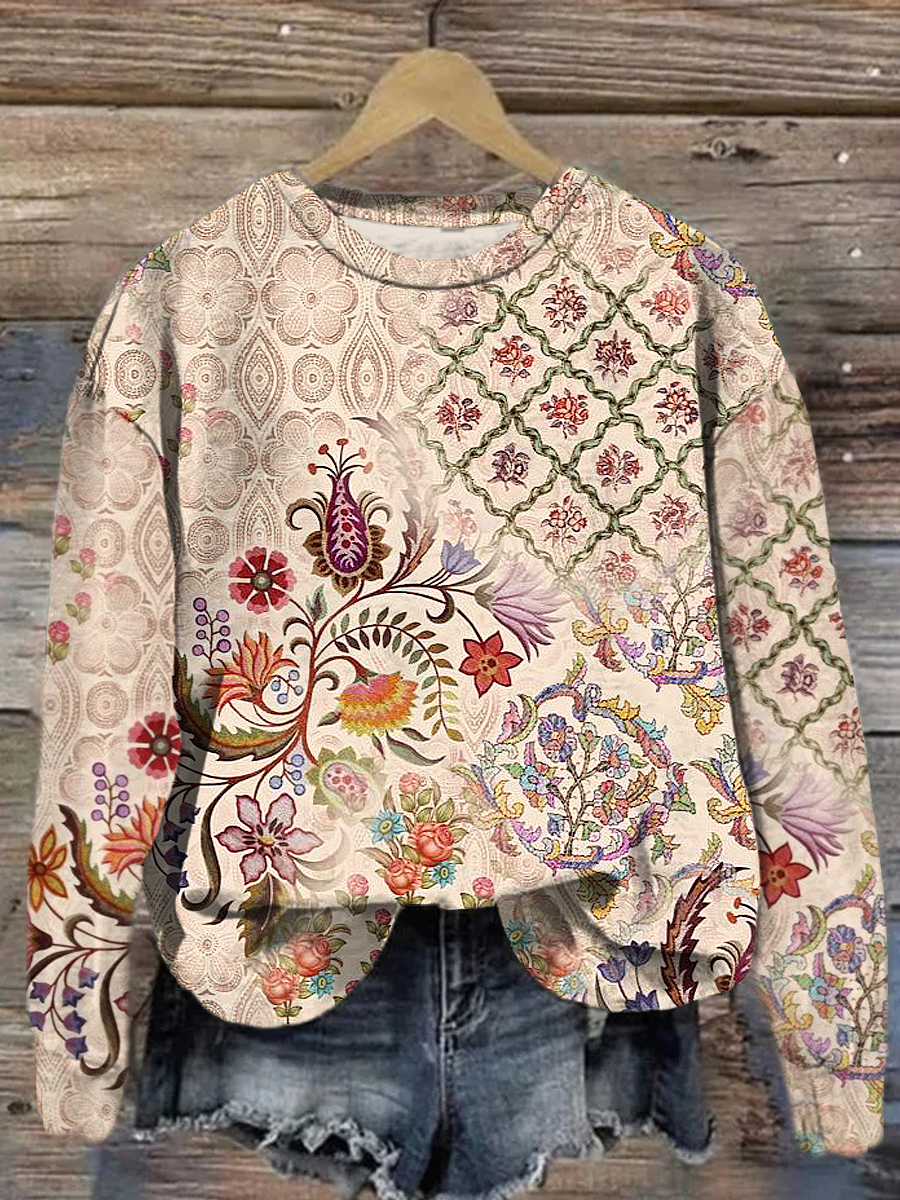 Spring Flower Fairy Printed Crew-Neck Retro Fashion Loose Long Sleeved Sweatshirt