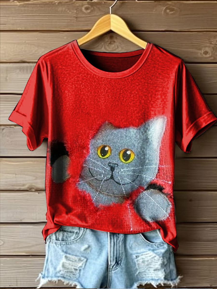 Funny Cat Art Print Casual T-shirt
