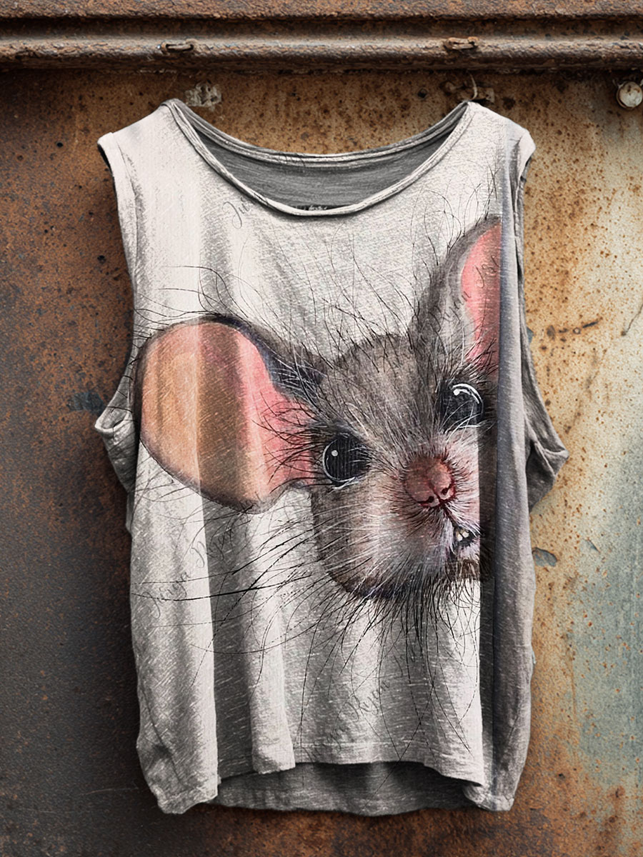 Vintage Mouse Print 100% Cotton Casual Tank Top