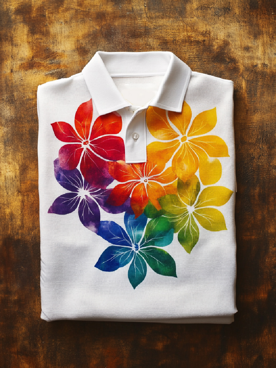 Rainbow Floral Art Print Casual Short Sleeve Polo Shirt