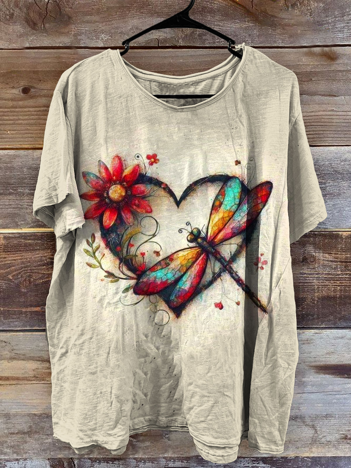 Vintage Dragonfly With Flower Art Print V-Neck Casaul Short SleeveT-shirt