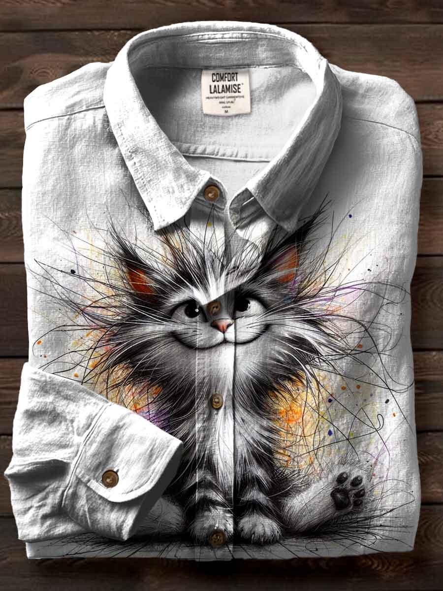 Cute Cat Art Print Casual Cotton Shirt