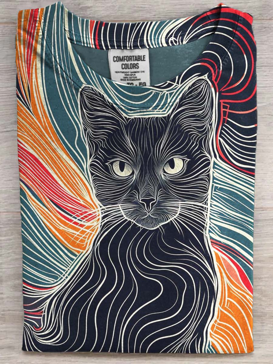 Art Abstract Line Cat Print Casual Short Sleeve T-Shirt