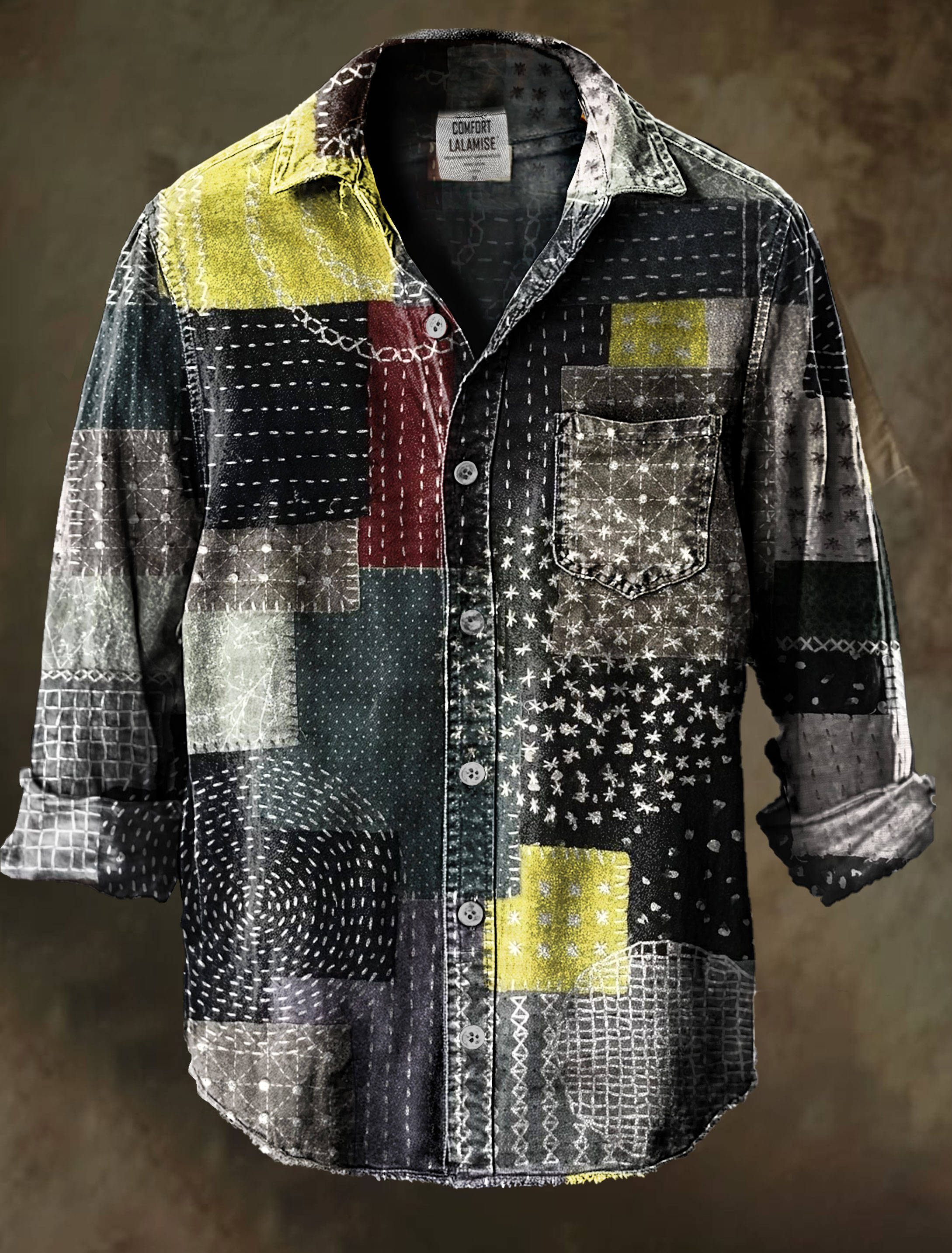 Vintage Embroidery patch Art Print 100% Cotton Long Sleeve Shirt