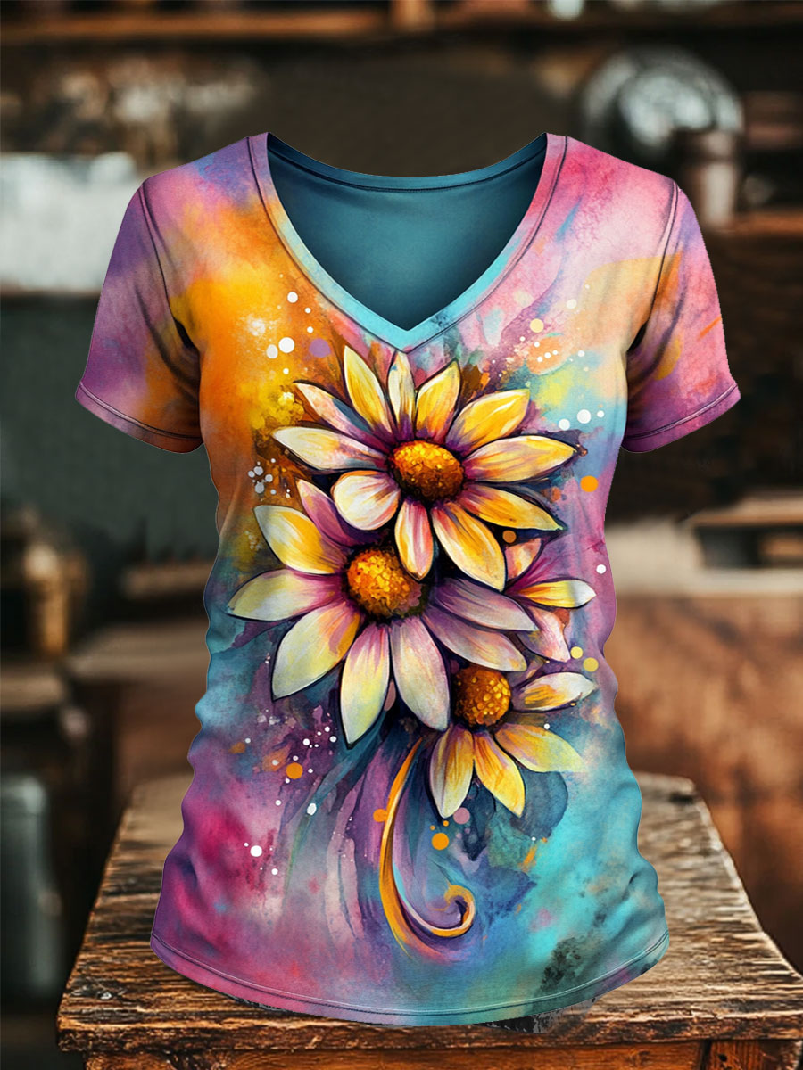 Colorful Floral Prints V-neck Casual T-Shirt