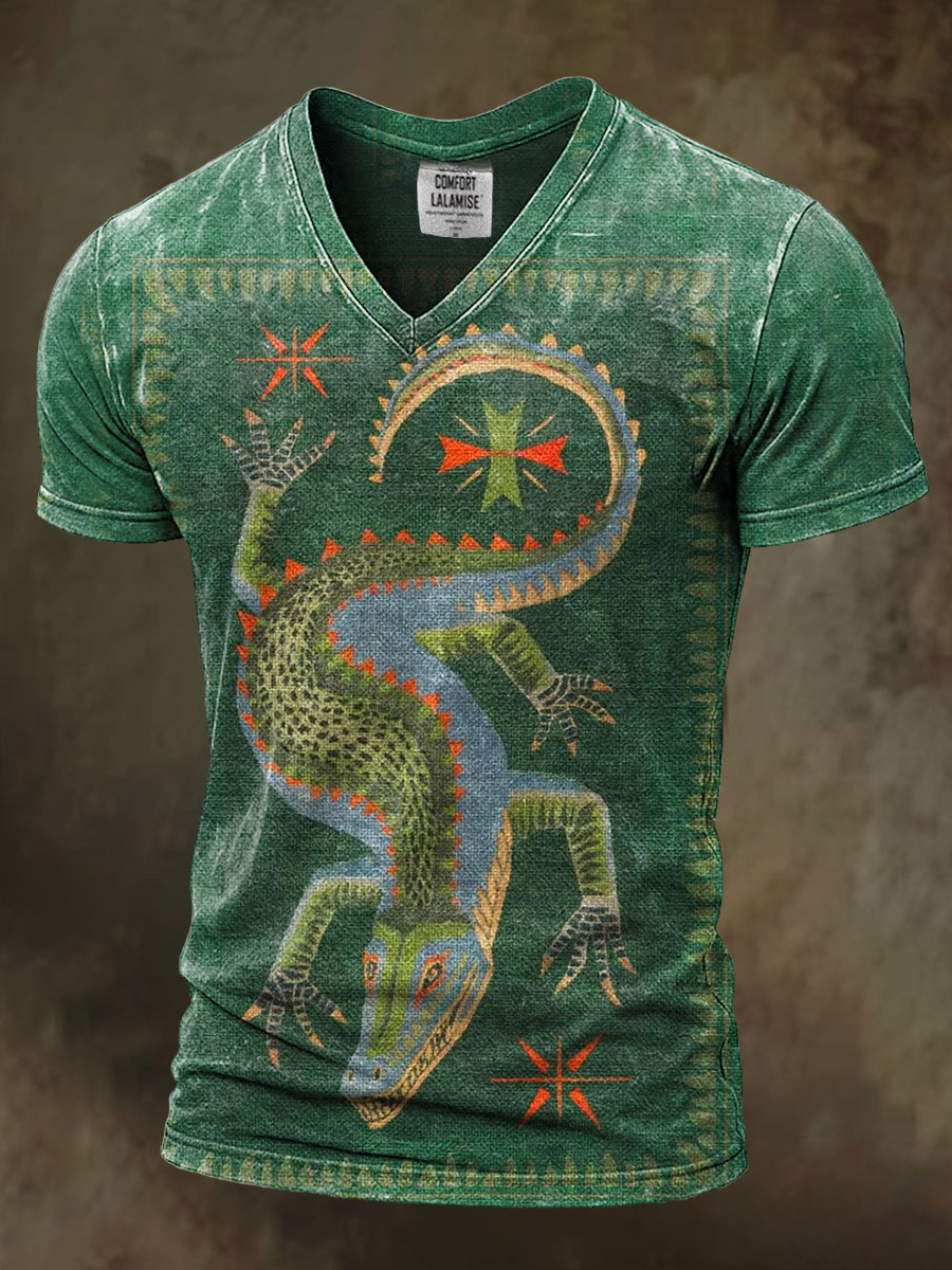 Retro Crocodile Art Print Casaul Short Sleeve V-neck T-shirt
