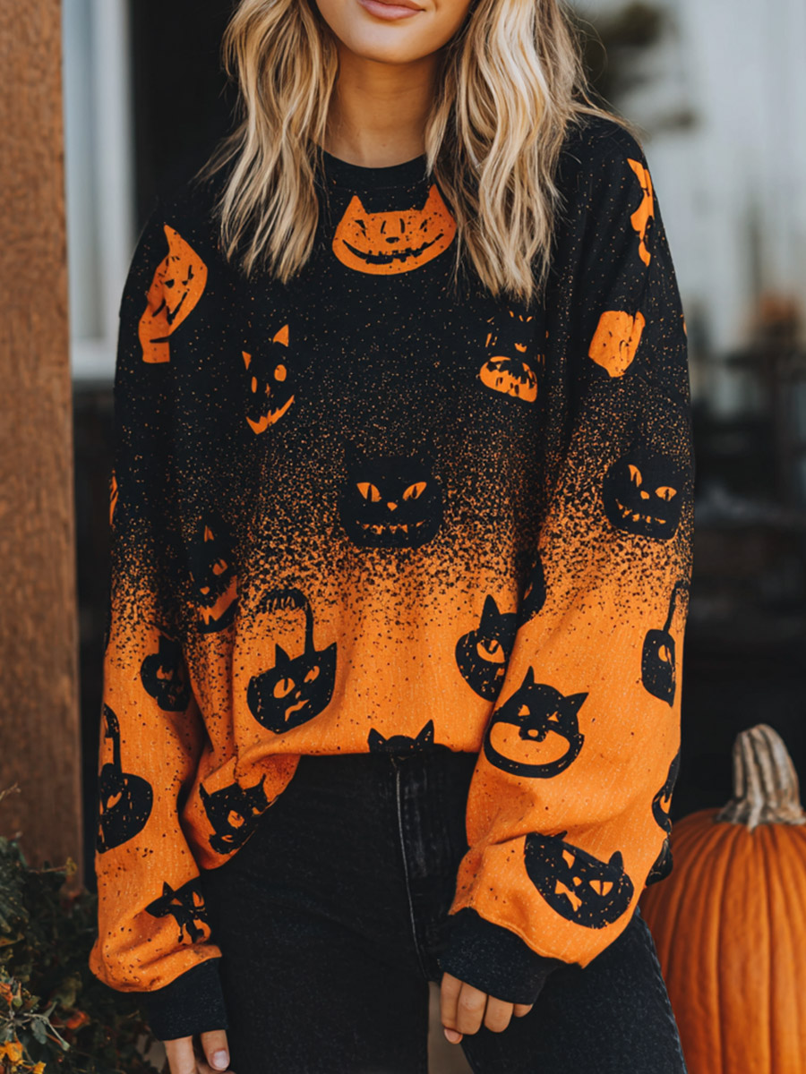 Vintage Halloween Pumpkin Cat Print Art Sweatshirt