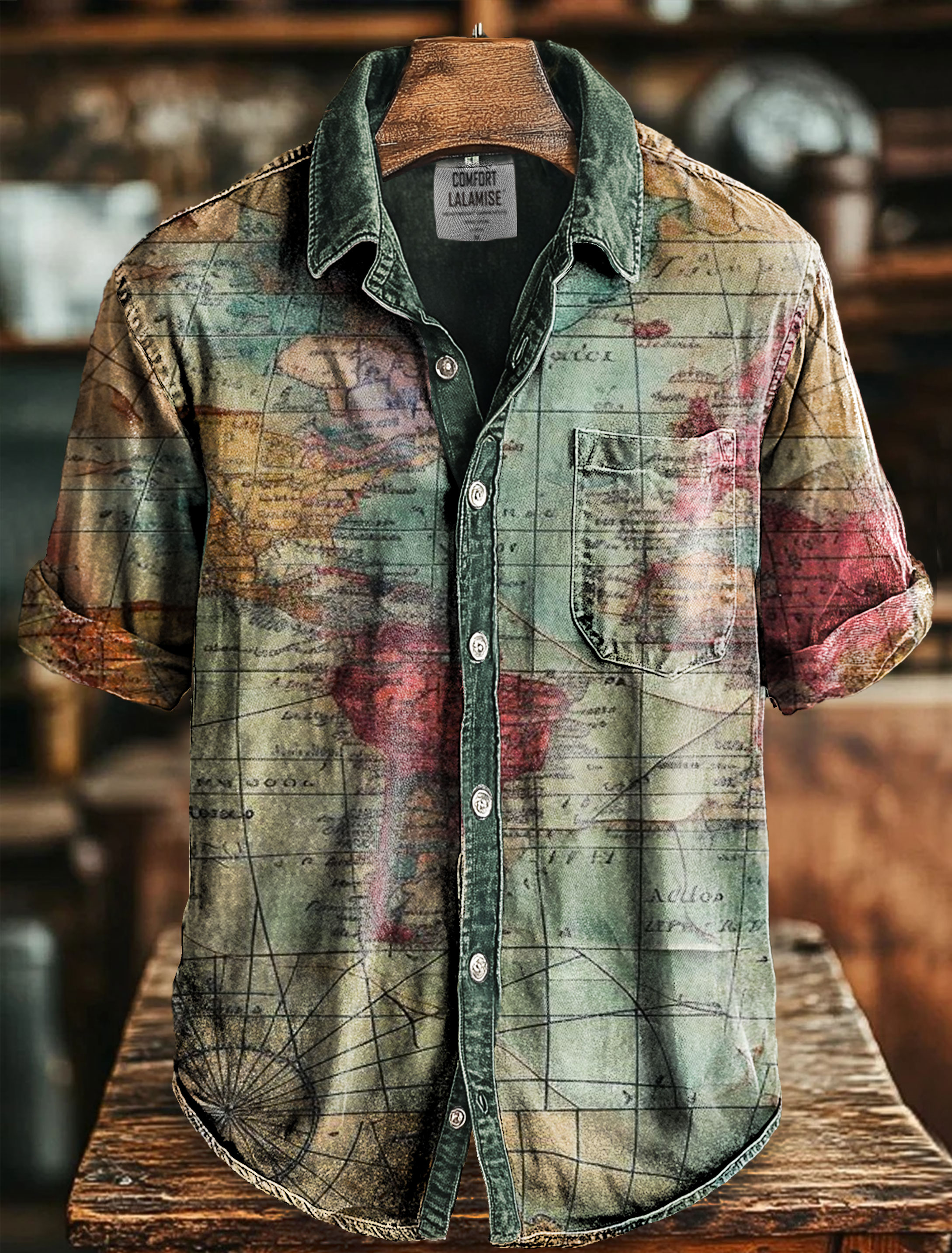 Retro Map Art Print Casual 100% Cotton Shirt