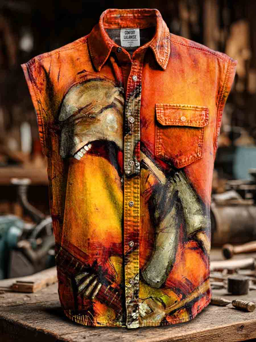 Vintage Art Print Casual 100% Cotton Sleeveless Lapel Shirt