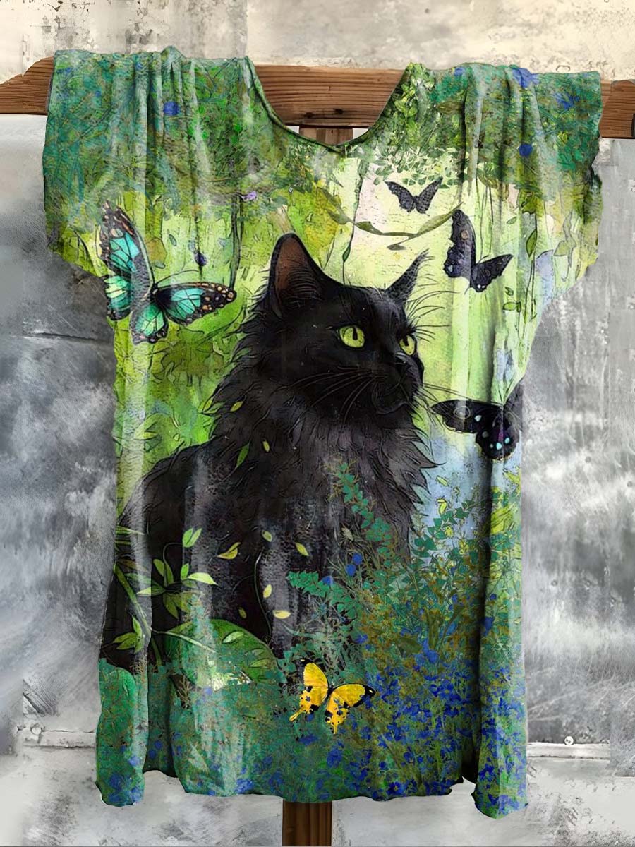 Unisex Butterfly Cat Printed Casual T-Shirt