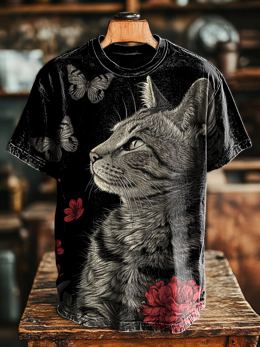 Unisex Retro Cat Butterfly Print Casual Loose Short Sleeve T-Shirt