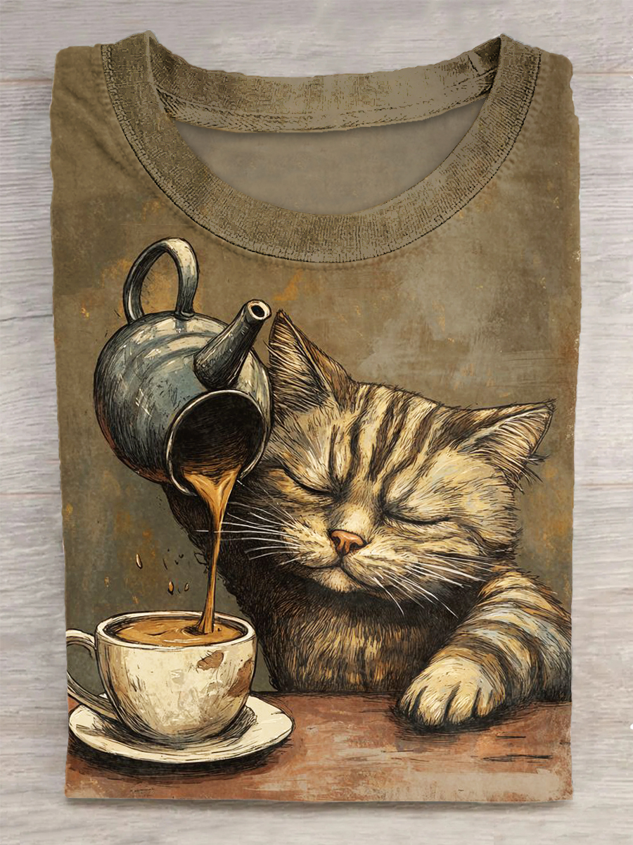 Unisex Cat Printed Vintage Fashion Loose Short Sleeve T-Shirt