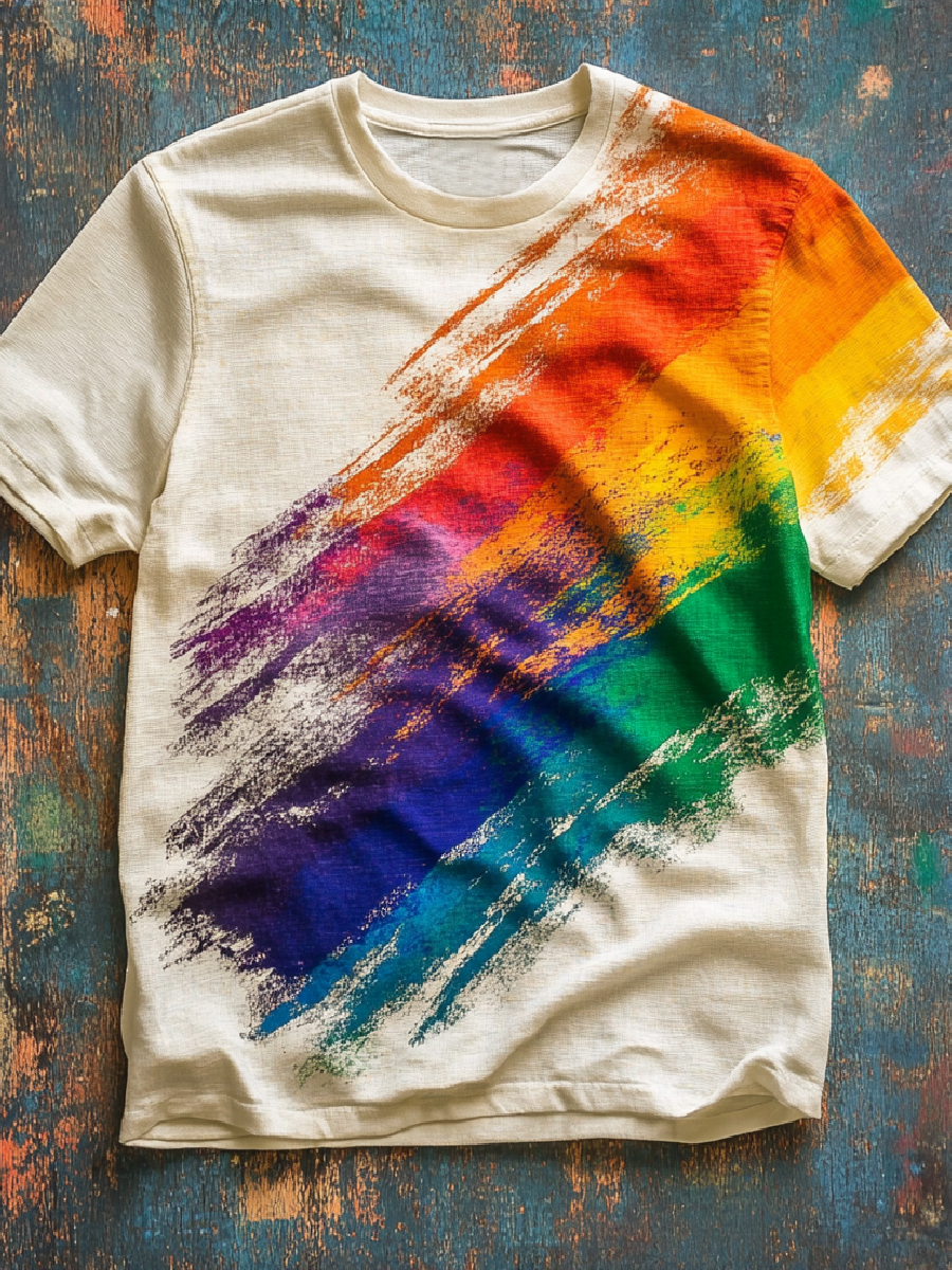 Rainbow Gradient Art Print Casual Crew Neck T-Shirt