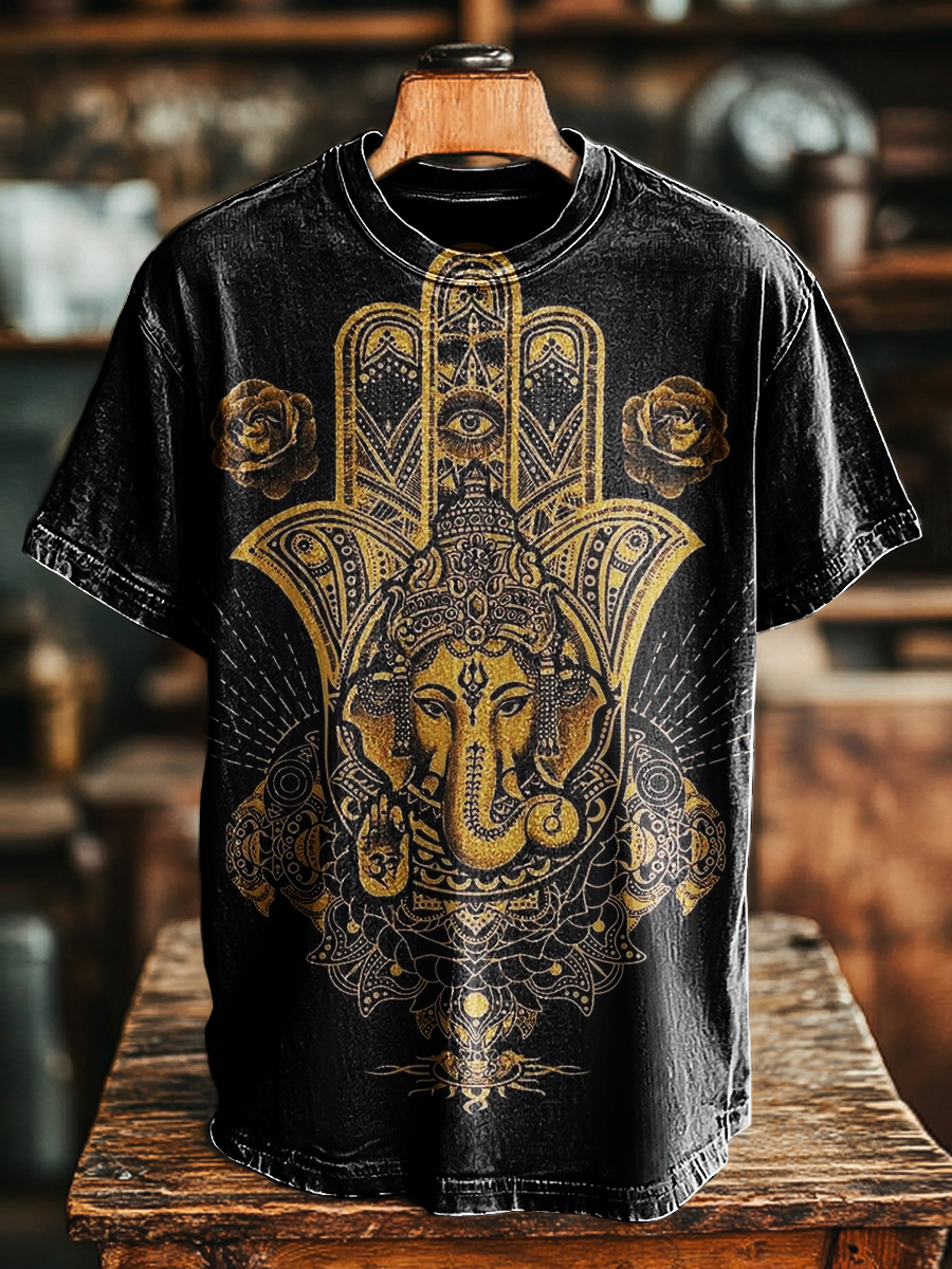 Unisex Vintage Elephant Head God Print Casual Loose Short Sleeve T-Shirt