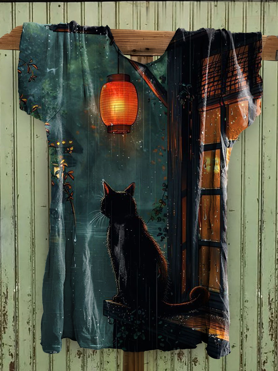 Cat Print Cotton Crew Tee