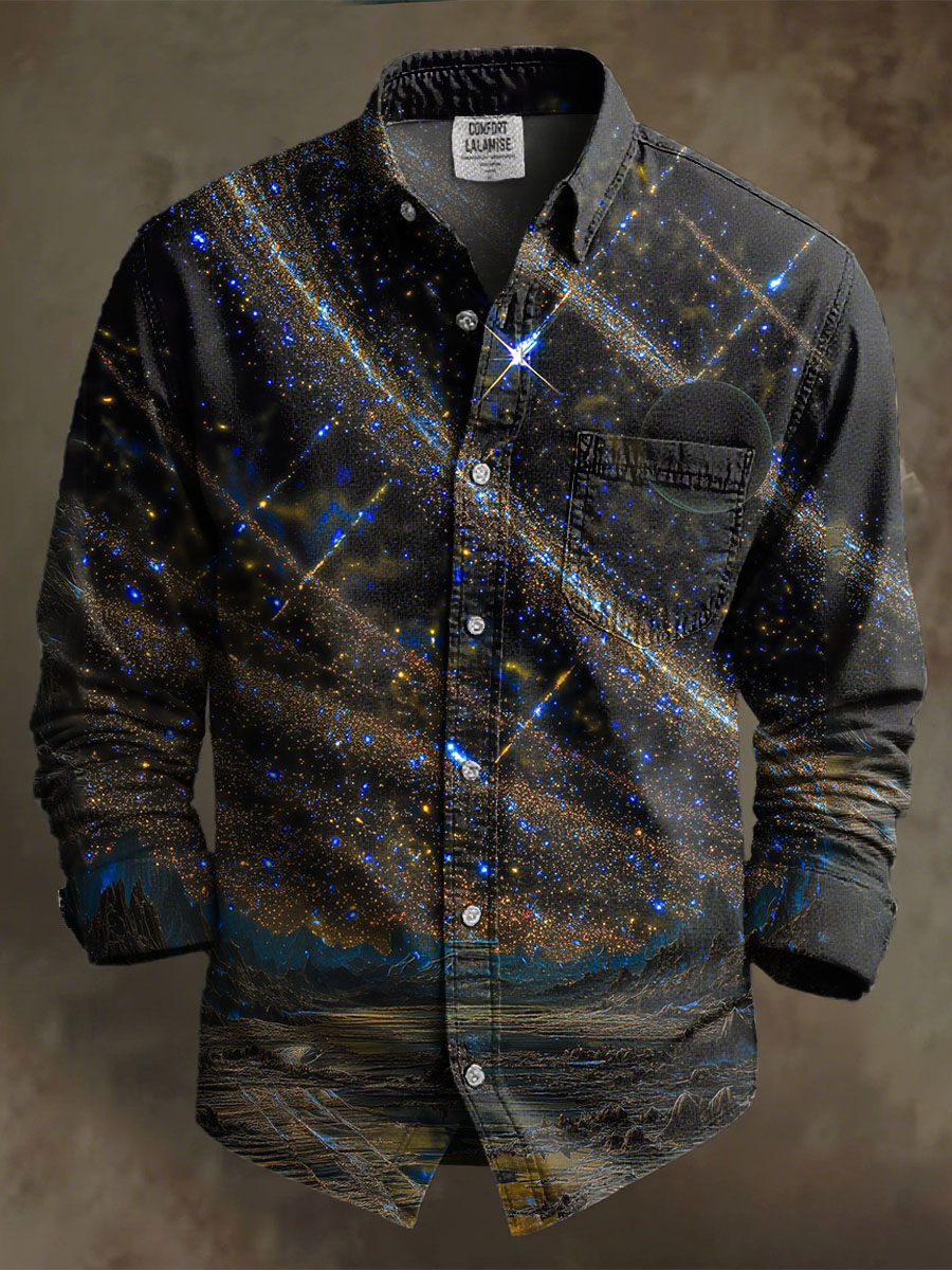 Vintage Starry Universe Art Print 100% Cotton Long Sleeve Shirt