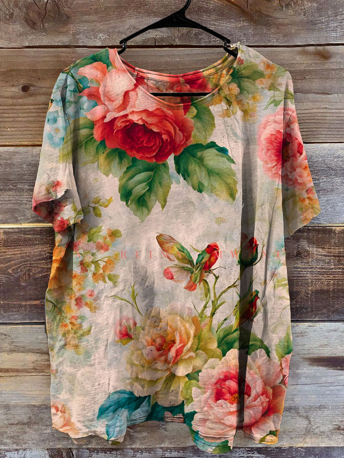 Vintage Flower Art Print V-Neck Casaul Short SleeveT-shirt