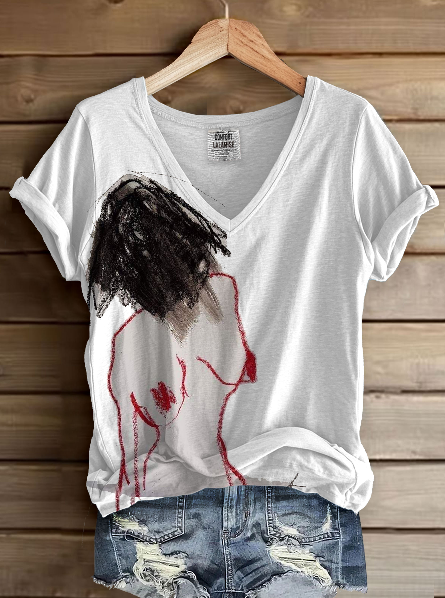Women Abstrct Print V-neck Casual T-Shirt