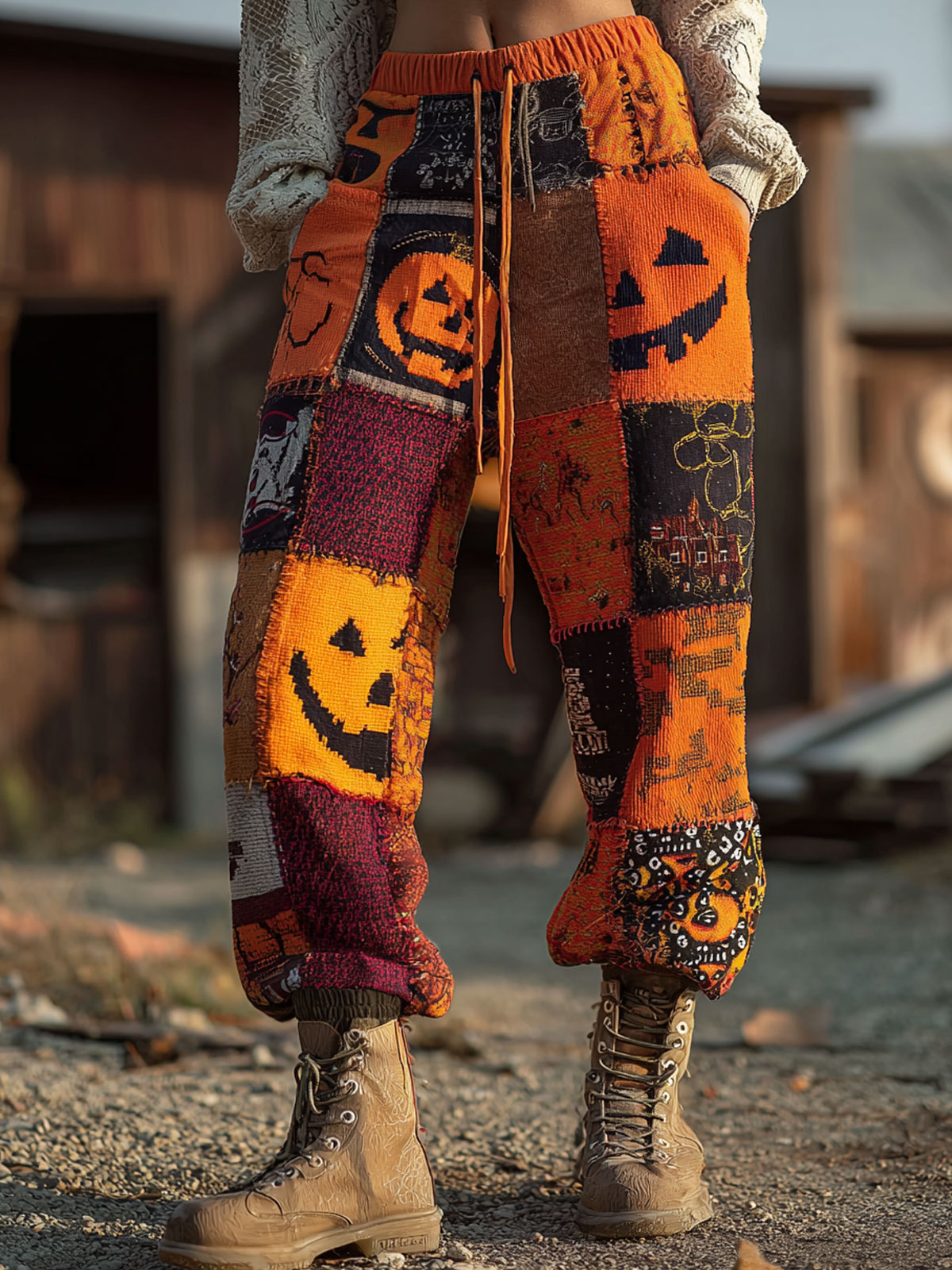 Halloween Patchwork Art Print Cotton Wide Leg Pant