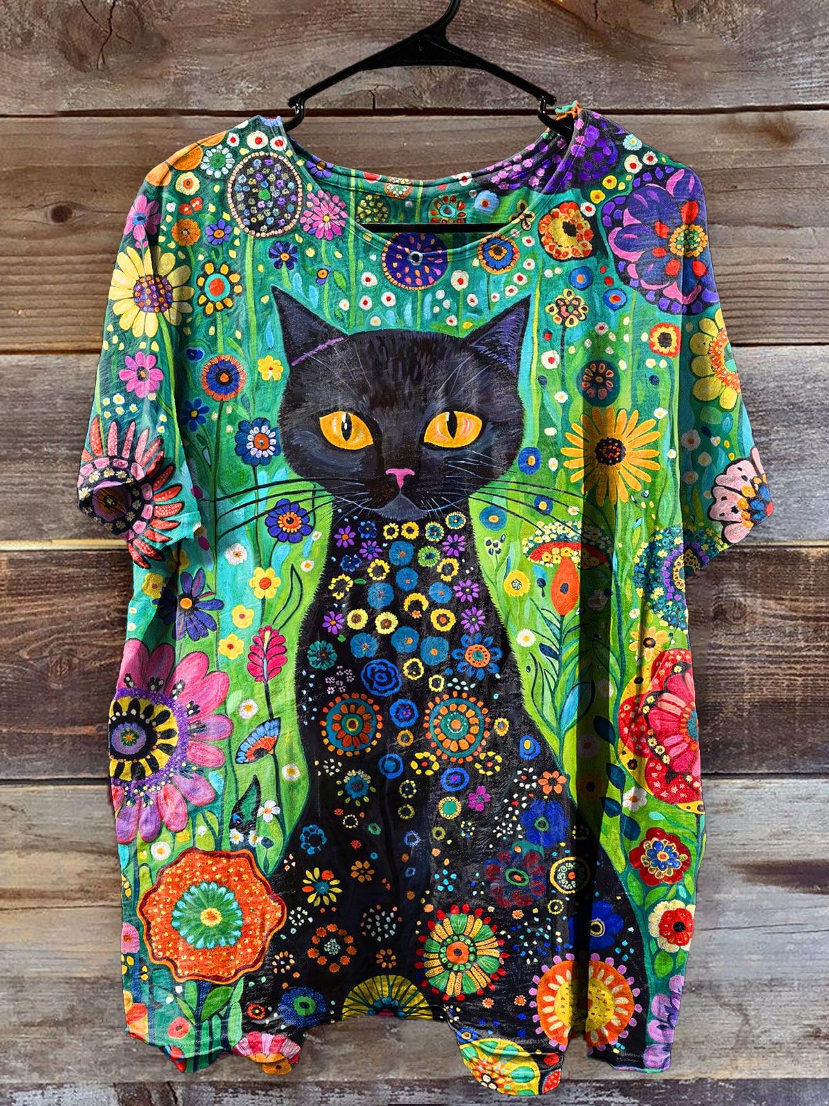 Multicolor Cat In Flower Graden Abstrct Art Print Casaul Short Sleeve T-shirt