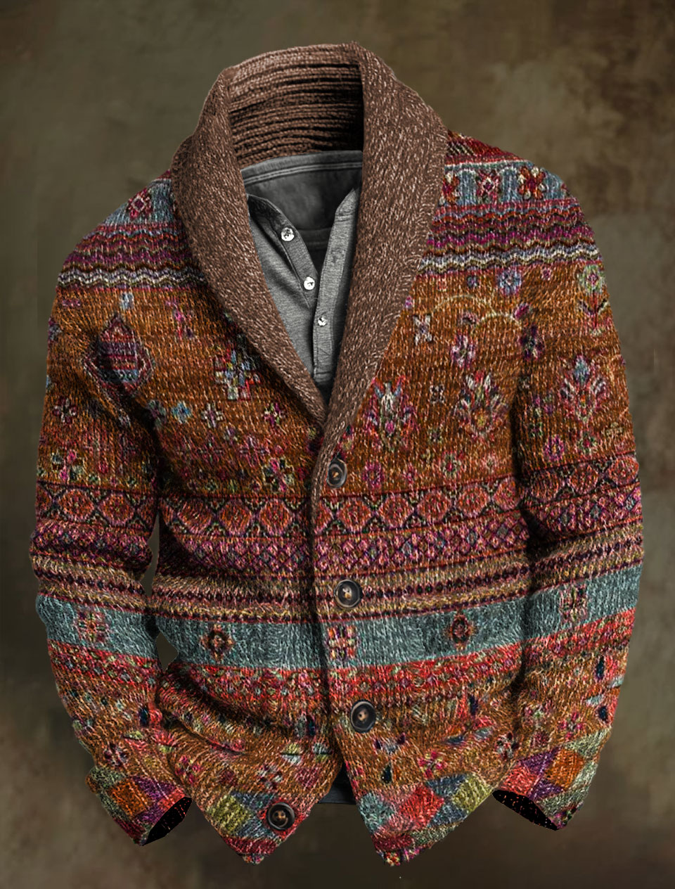 Vintage Print Knit V-neck Pullover Sweater