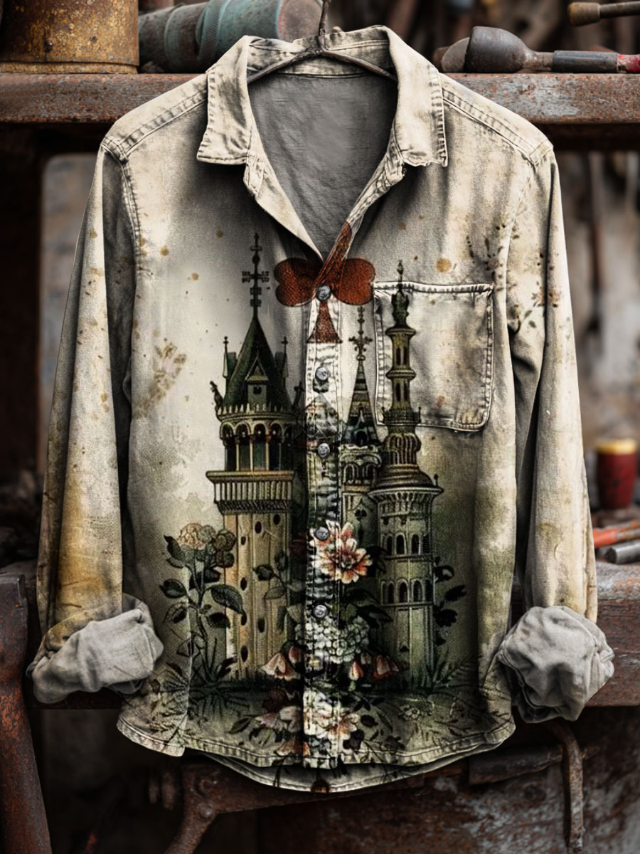 Vintage Castle Print 100% Cotton Long Sleeve Shirt
