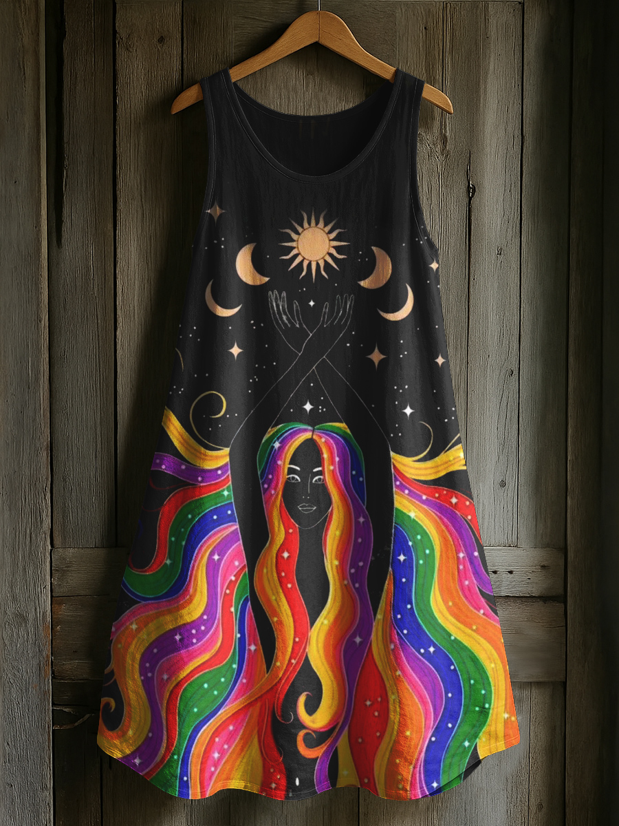 Moonlight Rainbow Long Hair Girl Art Print Casual Vest Dress