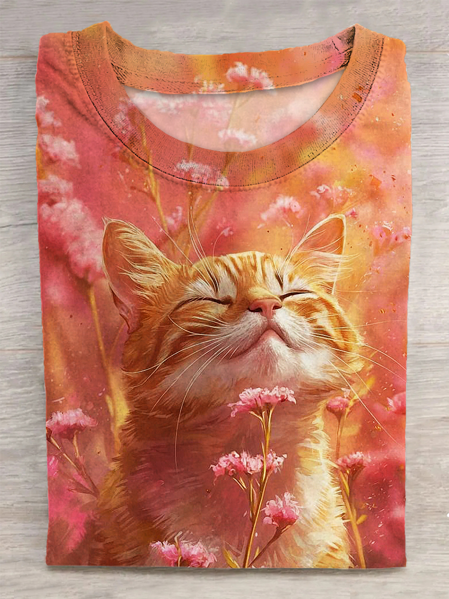 Cat Printed Vintage Fashion Loose Short Sleeve T-Shirt