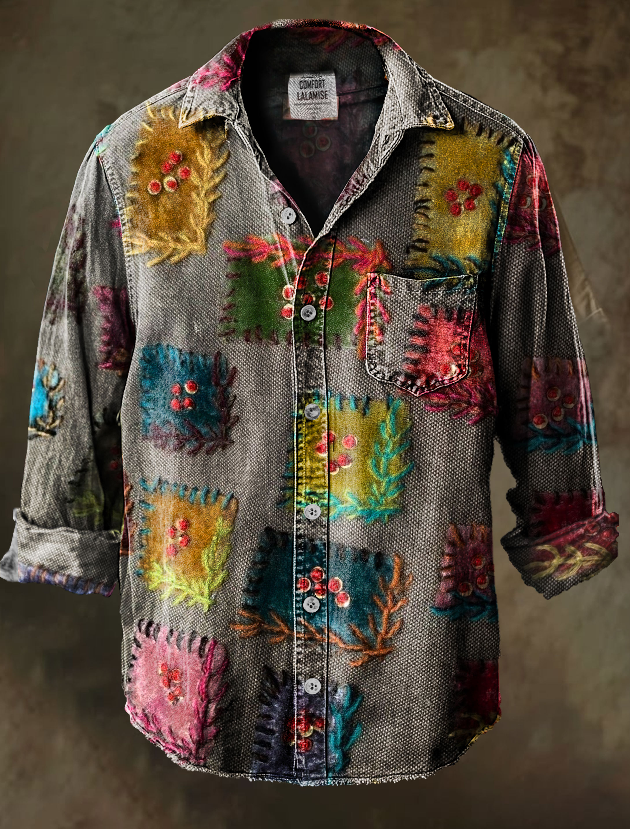 Vintage Embroidery patch Art Print 100% Cotton Long Sleeve Shirt