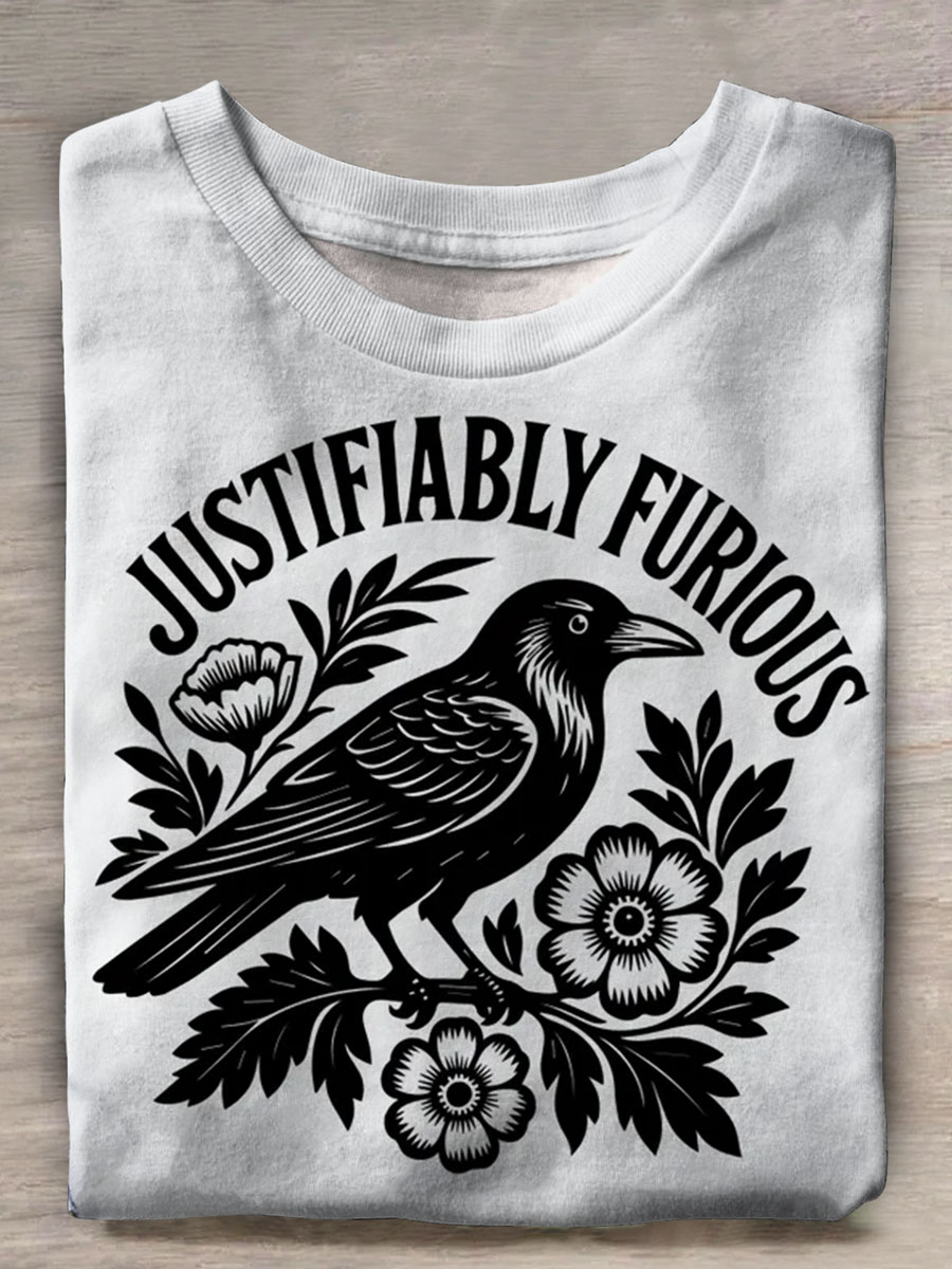 Justifiably Furious Raven Print Casual T-shirt