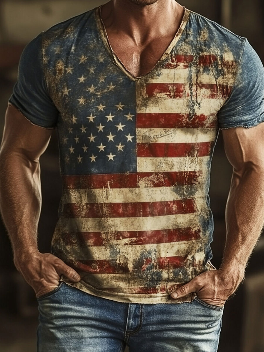 Vintage American Flag Print Casual T-shirt