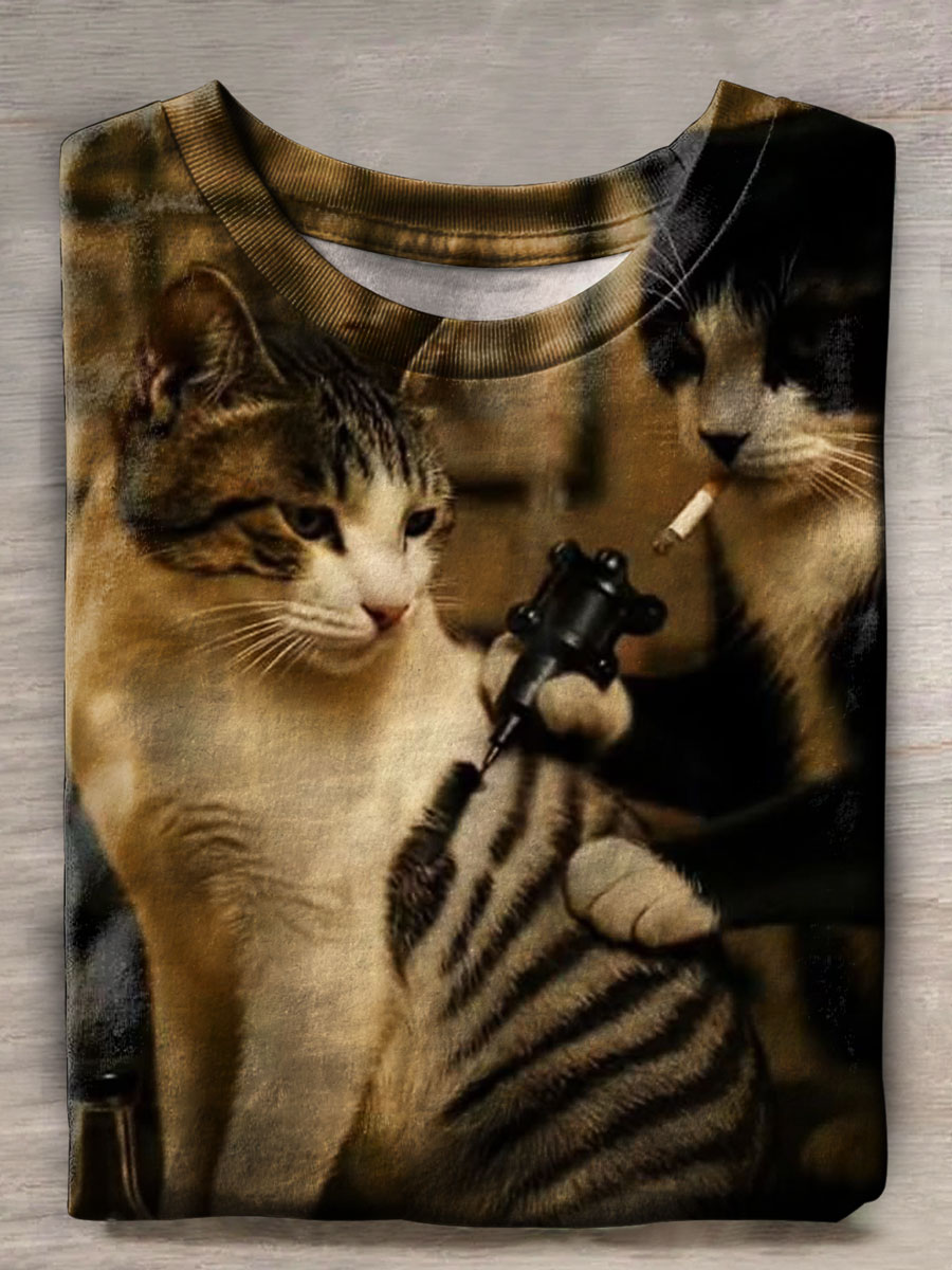Cat Tattoo Print Casual T-shirt