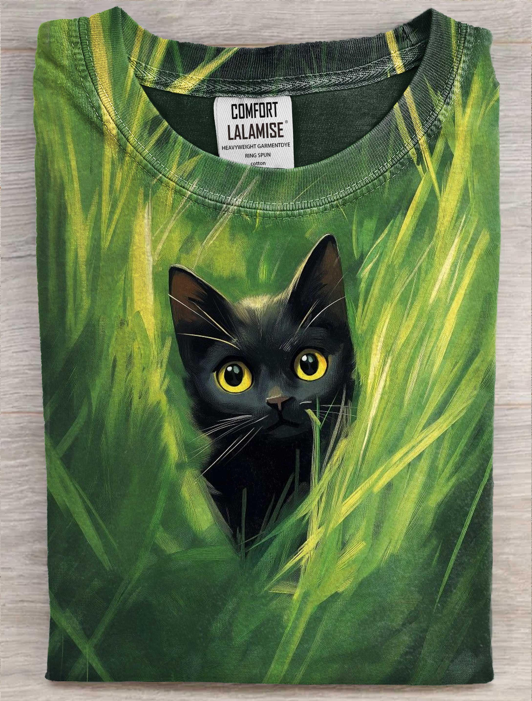 Black Cat Art Print Casual Short Sleeve T-shirt