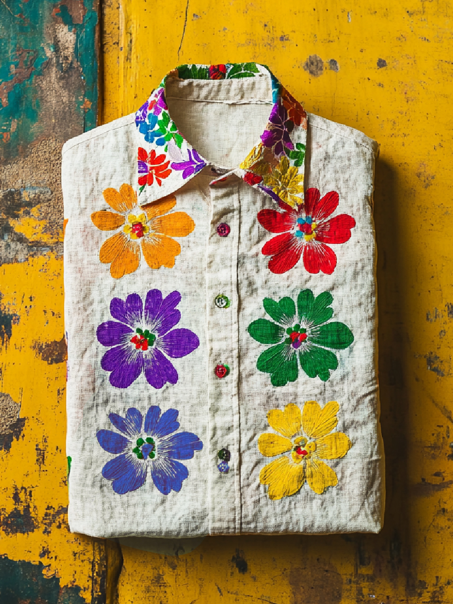 Rainbow Floral Art Print Casual Short Sleeve Button-Down Shirt