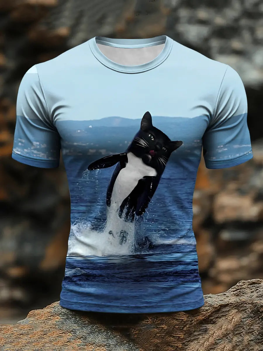 Men's Funny Cat Print Casual T-Shirt