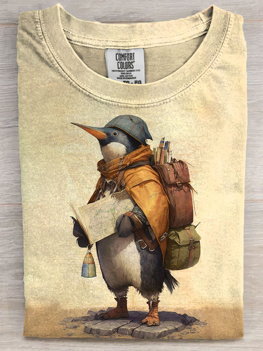 Vintage Penguin Adventure Art Print Casaul Short Sleeve T-shirt