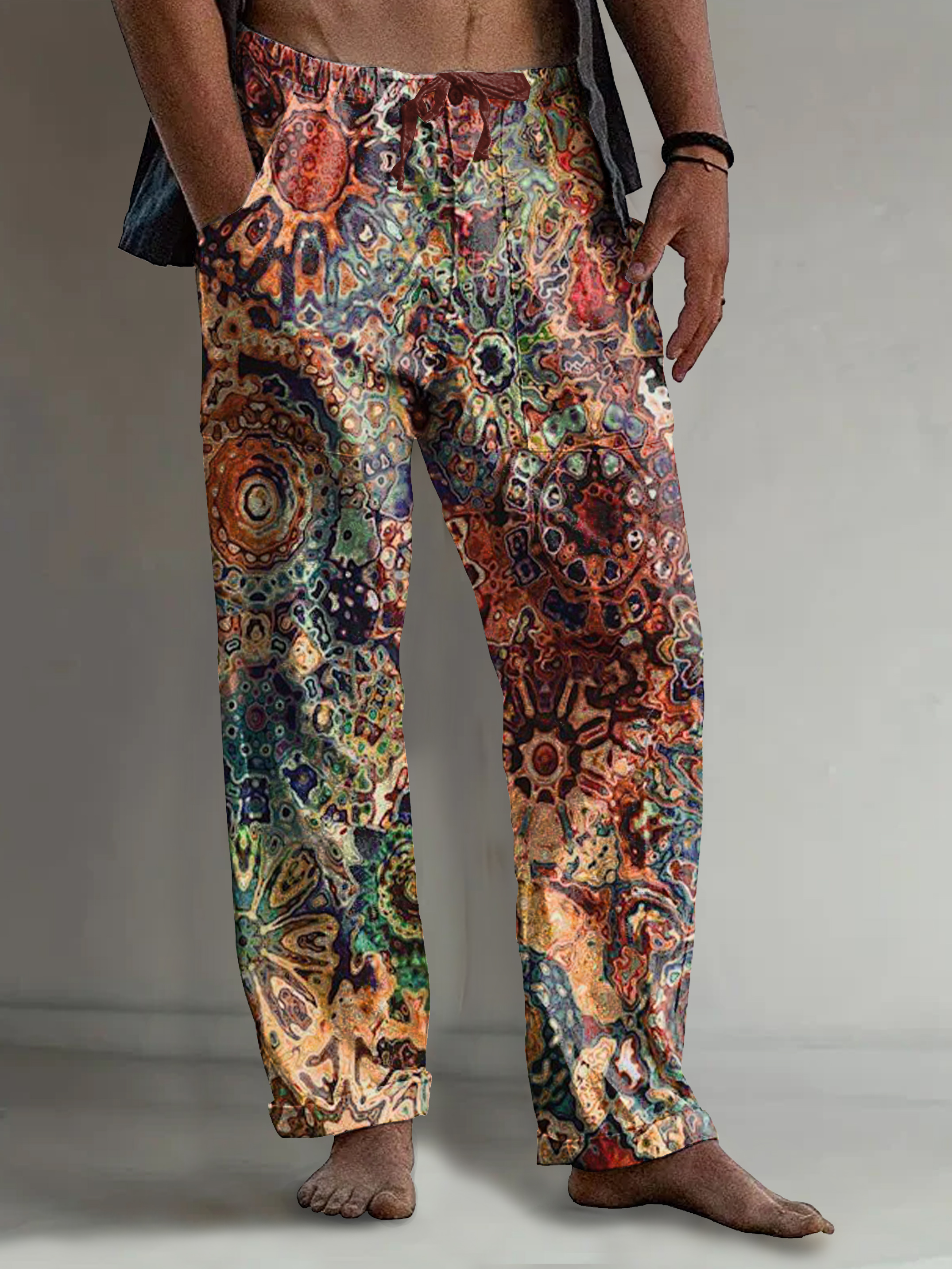 Men's Vintage Abstract Colorful Ethnic Floral Art Print Comfy 100% Cotton Pants