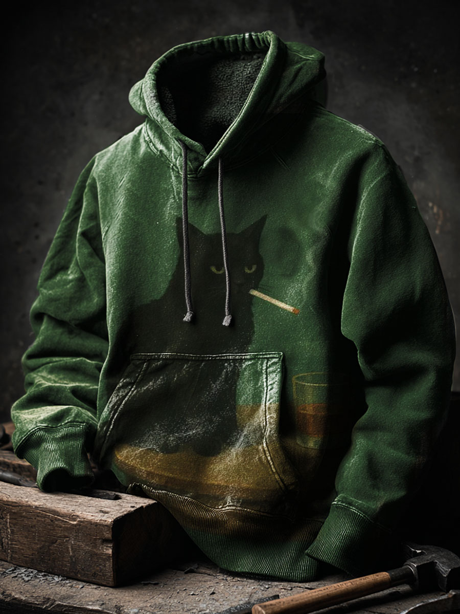 Black Cat Smoking Art Prints Casual Hoodie Sweatshirt